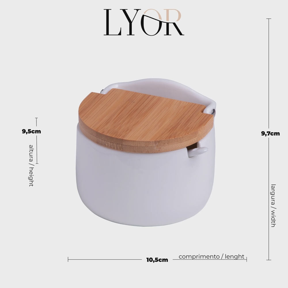 Saleiro de Mesa de Ceramica C/tampa de Bambu e Colher Bianco 10cm x 9,5cm x 9,5cm