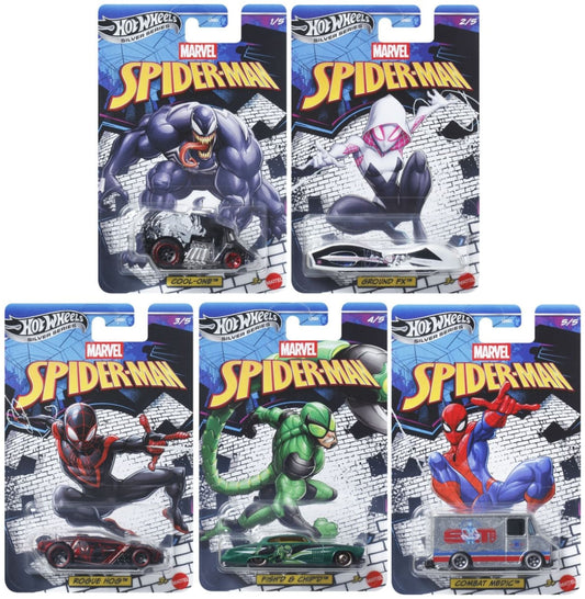 Coleção Completa com 5 Miniaturas Spider-Man - 1/64 - Hot Wheels Silver Series