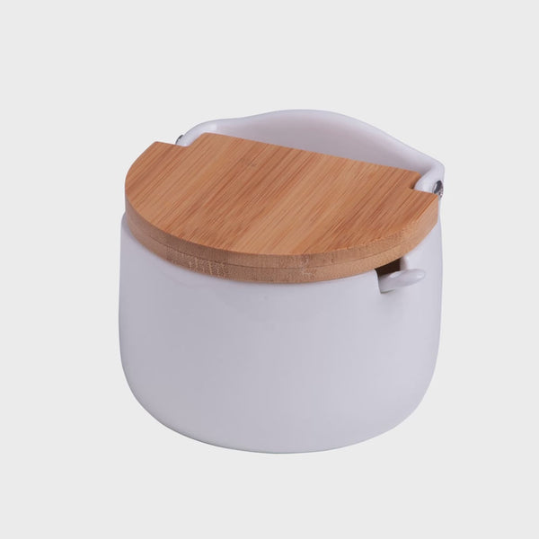 Saleiro de Mesa de Ceramica C/tampa de Bambu e Colher Bianco 10cm x 9,5cm x 9,5cm
