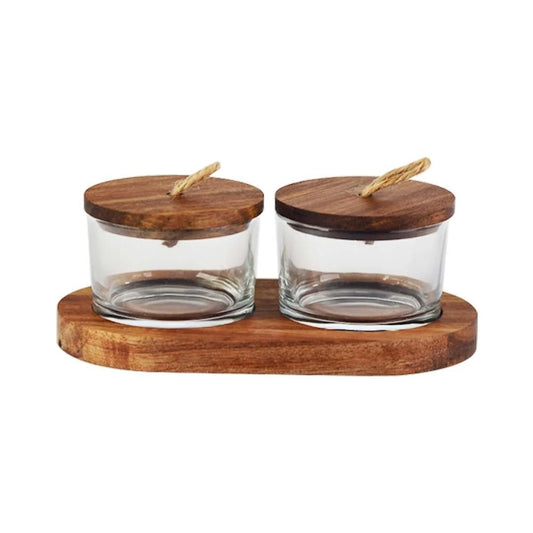 Jogo de 2 petisqueiras em vidro com tampa e suporte em madeira 120ml P10,2xL18,2xA6,6cm