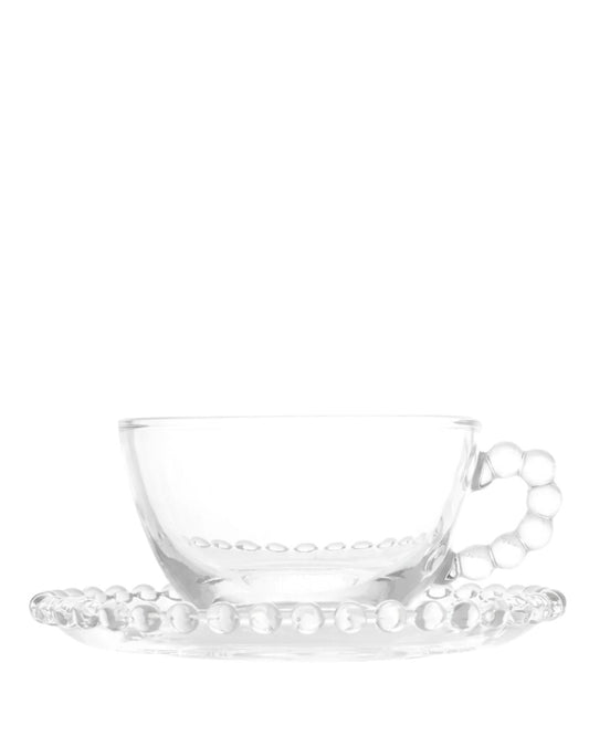 Xícara de chá Pearl em cristal com pires decorado com contas