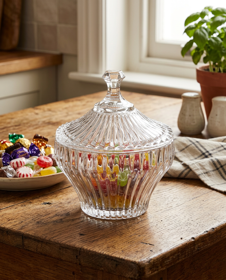Potiche de cristal Renaissance Lyor com doces sobre mesa de madeira