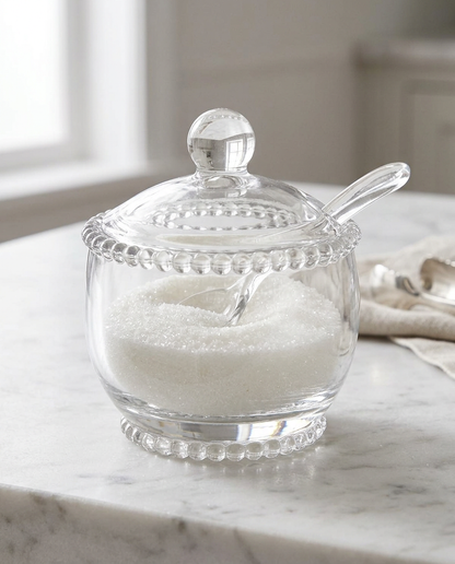 Açucareiro Pearl da Wolff em cristal com açúcar e colher sobre a mesa